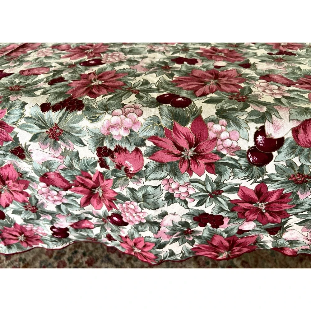 Waverly 84” ROUND Custom Tablecloth Pink Poinsettias & Grapes Burgundy Plums VTG